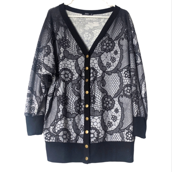 Lily by Firmiana Graphic Lace Print V Neck Cardigan Large - Picture 1 of 6